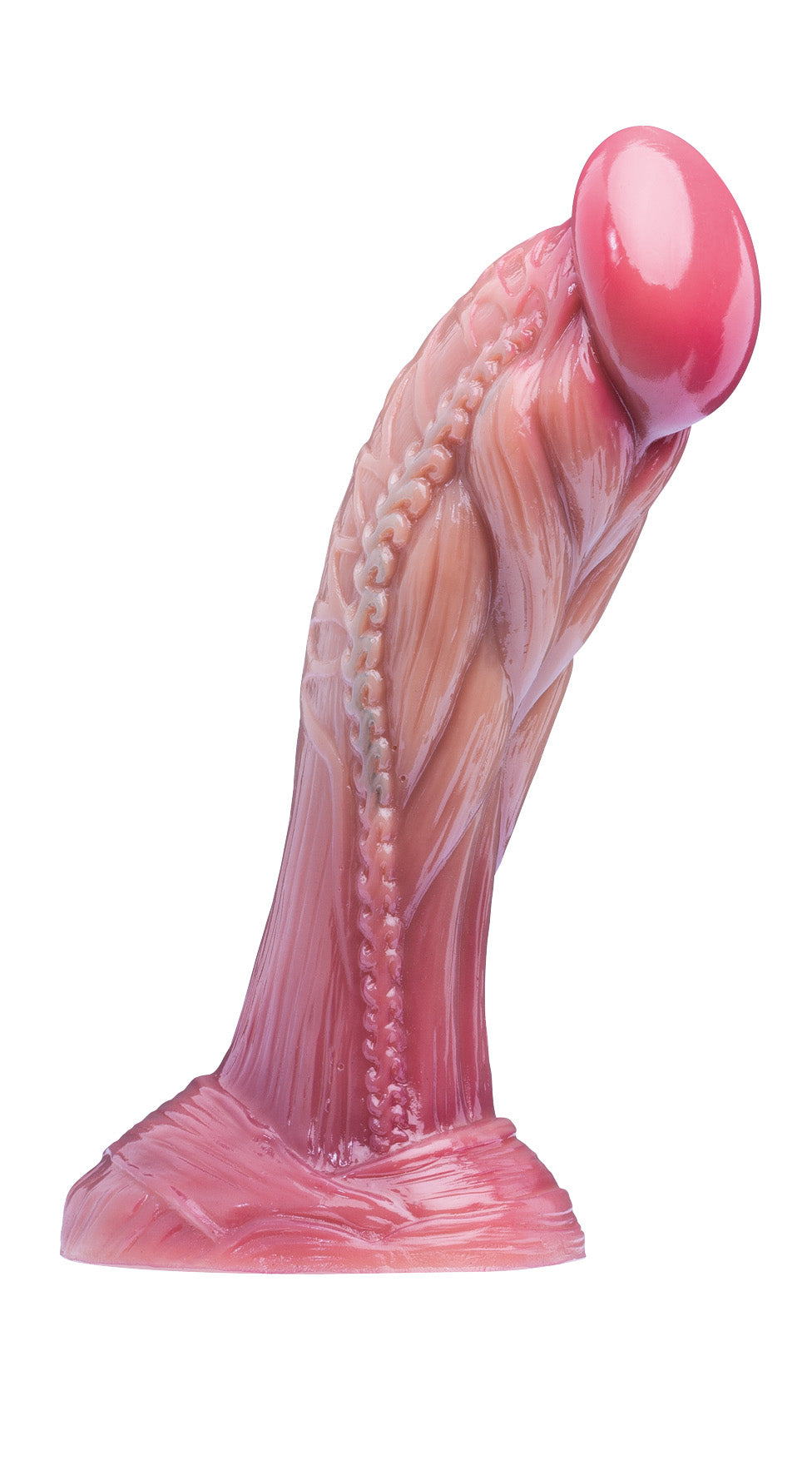XX-DREAMSTOYS Mutant No. 1 – rosafarbener Fantasy-Dildo mit deutlich nach vorne gebogenem Schaft, strukturierter Oberfläche, ausgeprägter Eichel und verbreiterter Saugnapfbasis in seitlicher Gegenansicht – erhältlich bei Evoria Care