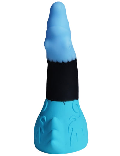 XX-DREAMSTOYS Mutant No. 10 – dreifarbiger Fantasy-Dildo mit hellblauer Spitze, schwarzem geschwungenem Schaftabschnitt und türkisfarbener verbreiterter Saugnapfbasis in aufrechter Vorderansicht auf weißem Hintergrund – erhältlich bei Evoria Care
