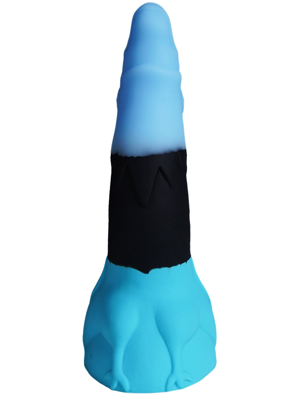 XX-DREAMSTOYS Mutant No. 10 – Rückansicht des Fantasy-Dildos mit hellblauer Spitze, glattem schwarzem Mittelteil und breiter türkisfarbener Basis mit organisch geformten Oberflächenkonturen – erhältlich bei Evoria Care