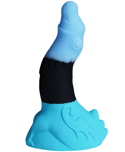 XX-DREAMSTOYS Mutant No. 10 – außergewöhnlicher Fantasy-Dildo mit hellblauer, anatomisch geformter Spitze, geschwungenem schwarzem Mittelteil und breiter türkisfarbener Saugnapfbasis mit reliefartigen Strukturen in schräger Produktansicht – erhältlich bei Evoria Care