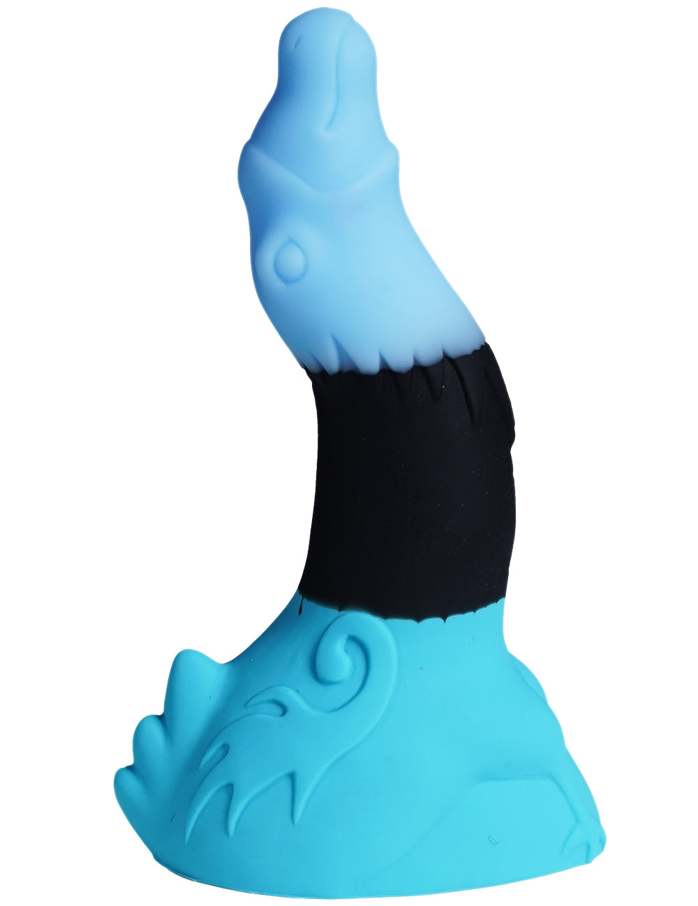 XX-DREAMSTOYS Mutant No. 10 – seitliche Ansicht des dreifarbigen Fantasy-Dildos mit deutlich gebogenem Schaft, hellblauer abgerundeter Spitze, schwarzem Mittelteil und türkisfarbener Saugnapfbasis – erhältlich bei Evoria Care