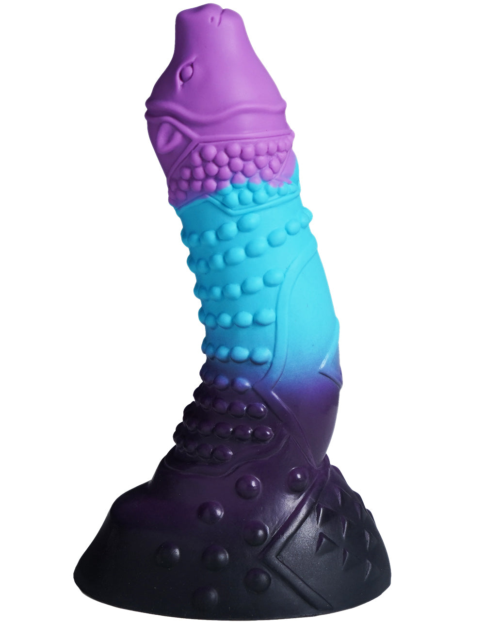 XX-DREAMSTOYS Mutant No. 11 – seitliche Produktansicht des Fantasy-Dildos mit leicht gebogenem Schaft, lilafarbener Spitze, türkisfarbener Rippenstruktur und dunkelvioletter Saugnapfbasis auf weißem Hintergrund – erhältlich bei Evoria Care