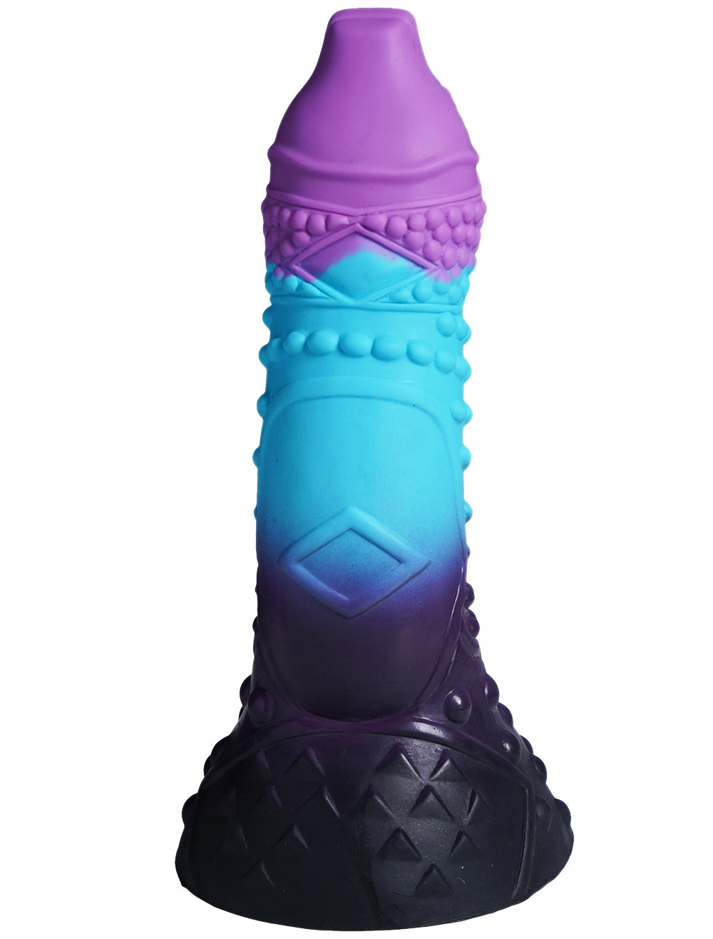 XX-DREAMSTOYS Mutant No. 11 – Rückansicht des dreifarbigen Fantasy-Dildos mit violetter Spitze, türkisfarbenen ringförmigen Verdickungen und dunkelviolettem unteren Schaft mit breiter Saugnapfbasis – erhältlich bei Evoria Care