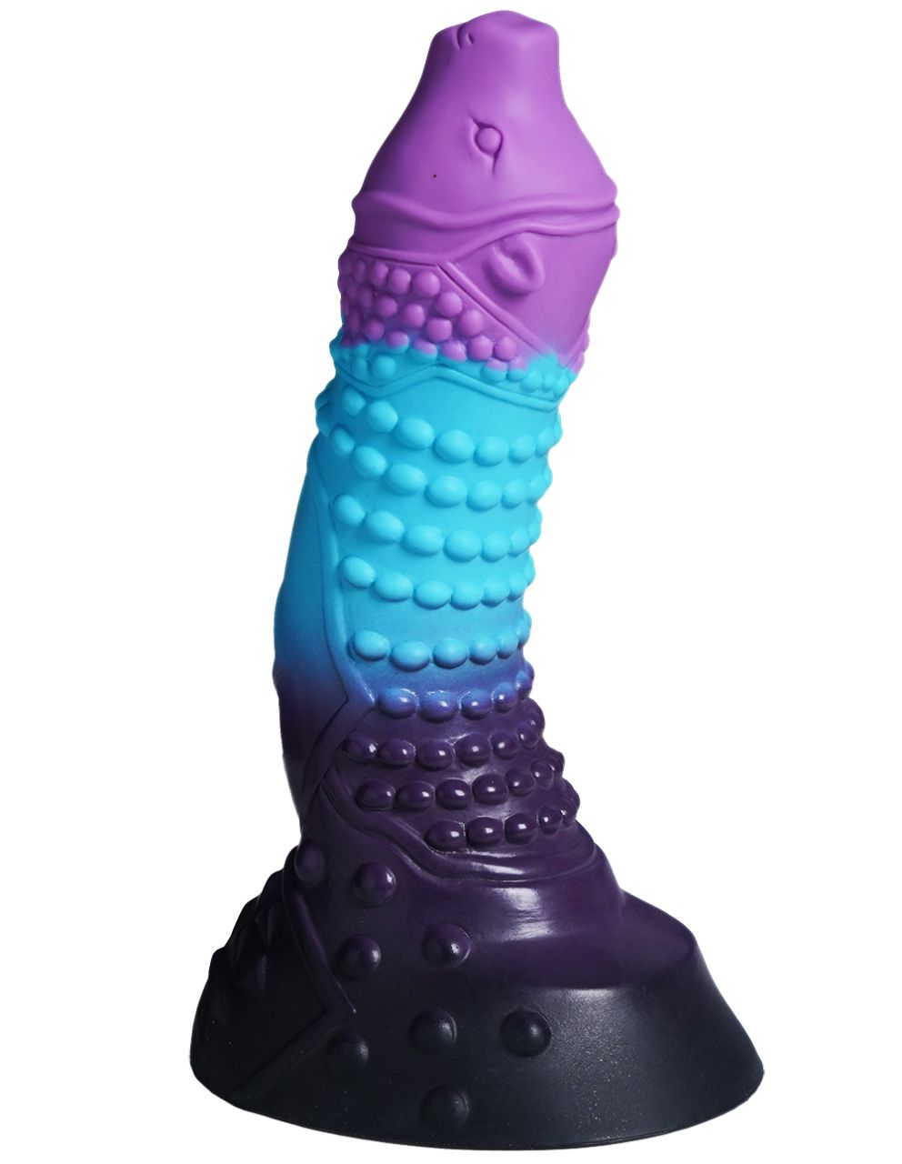 XX-DREAMSTOYS Mutant No. 11 – mehrfarbiger Fantasy-Dildo mit gebogenem Schaft, lilafarbener anatomisch geformter Spitze, türkisfarbenem Mittelteil mit ausgeprägter Rippenstruktur und dunkelvioletter Saugnapfbasis in schräger Produktansicht – erhältlich bei Evoria Care