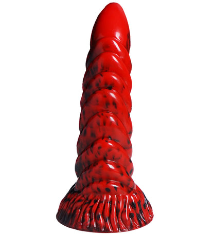 XX-DREAMSTOYS Mutant No. 12 – roter Fantasy-Dildo mit aufrechtem, leicht gebogenem Schaft, mehreren übereinander angeordneten Noppenreihen und breiter schwarz-roter Basis in frontaler Produktansicht – erhältlich bei Evoria Care