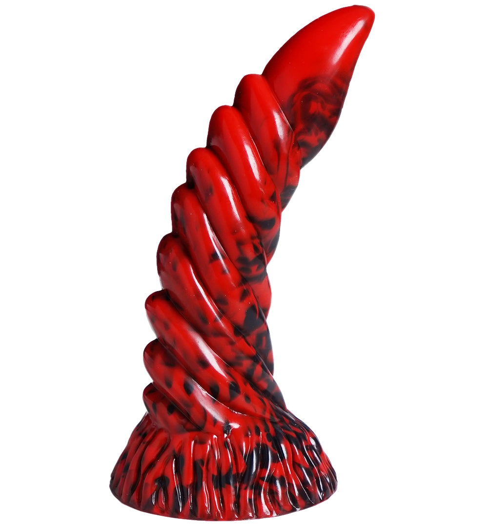 XX-DREAMSTOYS Mutant No. 12 – seitliche Ansicht des rot-schwarzen Fantasy-Dildos mit deutlich nach vorne gebogenem Schaft, spitz zulaufender Spitze, ausgeprägten Reiznoppen und verbreiterter Basis – erhältlich bei Evoria Care