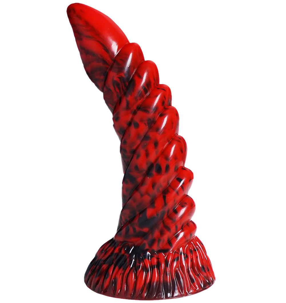 XX-DREAMSTOYS Mutant No. 12 – rot-schwarzer Fantasy-Dildo mit geschwungenem Schaft, auffälligen seitlichen Noppenreihen, organischer Reliefstruktur und breiter Basis in einer weiteren schrägen Produktperspektive auf weißem Hintergrund – erhältlich bei Evoria Care