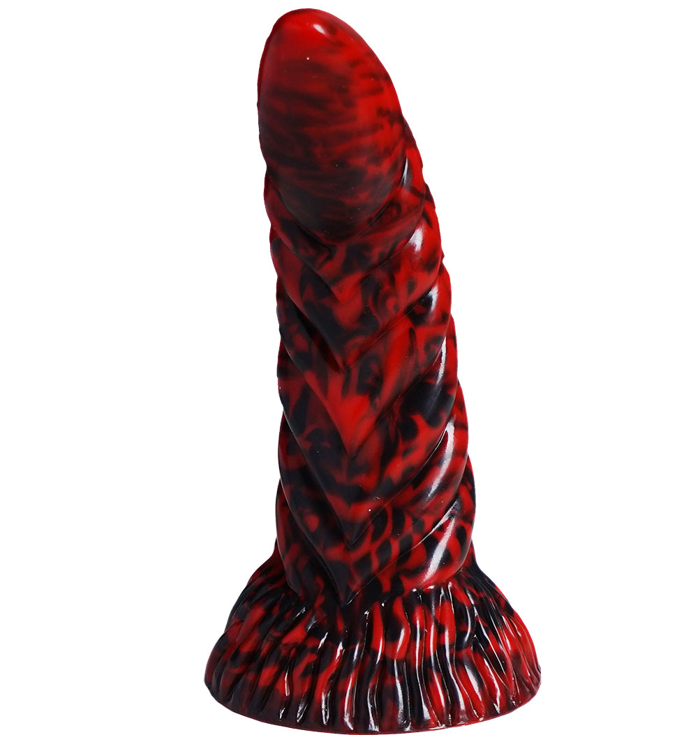 XX-DREAMSTOYS Mutant No. 12 – Rückansicht des rot-schwarzen Fantasy-Dildos mit unregelmäßig angeordneten Reliefstrukturen, markanten seitlichen Verdickungen und breiter strukturierter Basis – erhältlich bei Evoria Care