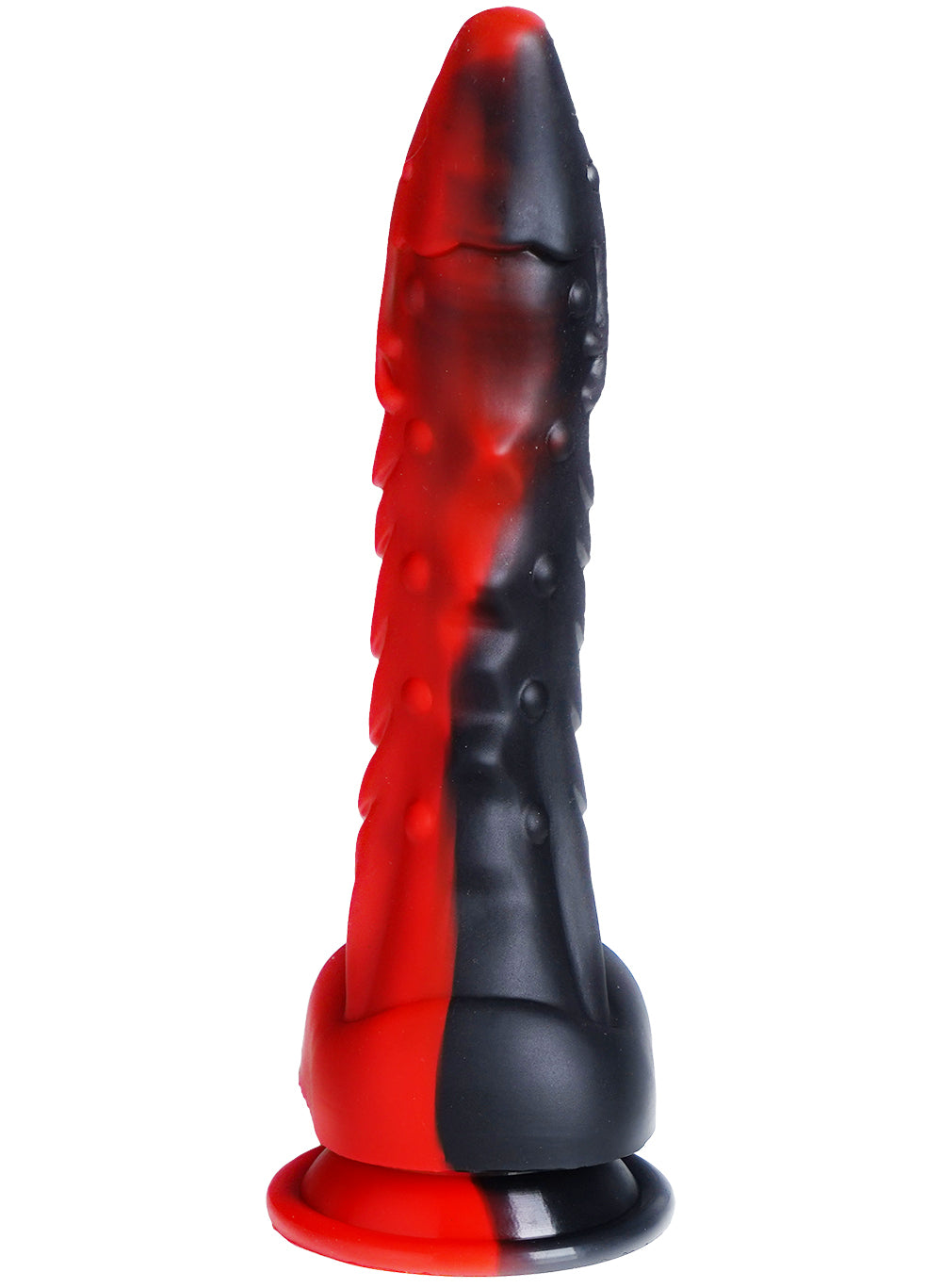 XX-DREAMSTOYS Mutant No. 13 – Fantasy-Dildo mit rot-schwarzer Farbgestaltung, länglichem Schaft, erhabenen Reliefstrukturen und verbreiterter Saugnapfbasis in seitlicher Produktansicht auf weißem Hintergrund – erhältlich bei Evoria Care