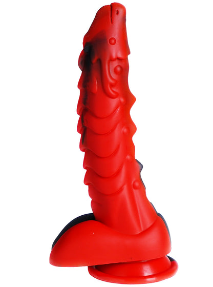 XX-DREAMSTOYS Mutant No. 13 – roter Fantasy-Dildo mit ausgeprägten wellenförmigen Verdickungen, strukturierter Oberfläche, abgerundeter Spitze und breiter Saugnapfbasis in aufrechter Vorderansicht – erhältlich bei Evoria Care
