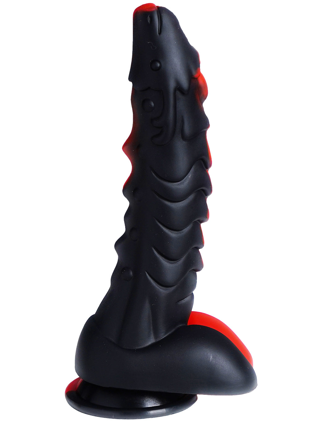 XX-DREAMSTOYS Mutant No. 13 – Rückansicht des rot-schwarzen Fantasy-Dildos mit überwiegend schwarzer Oberfläche, roten seitlichen Akzenten, unregelmäßig geformtem Schaft und breitem Saugnapf – erhältlich bei Evoria Care