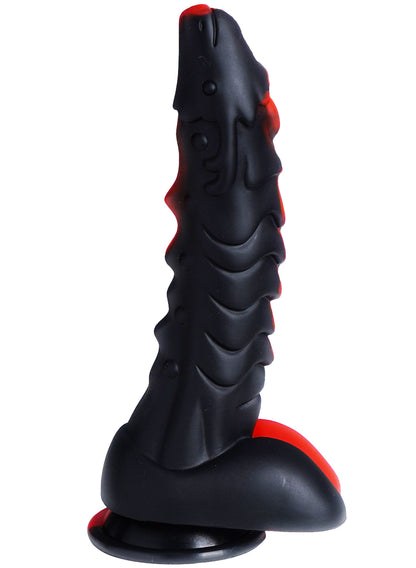 XX-DREAMSTOYS Mutant No. 13 – Rückansicht des rot-schwarzen Fantasy-Dildos mit überwiegend schwarzer Oberfläche, roten seitlichen Akzenten, unregelmäßig geformtem Schaft und breitem Saugnapf – erhältlich bei Evoria Care