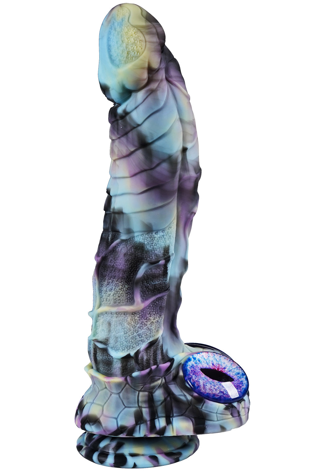 XX-DREAMSTOYS Mutant No. 15 – seitliche Produktansicht des marmorierten Fantasy-Dildos mit ausgeprägten organischen Konturen, geschwungenem Schaft und strukturierter Saugnapfbasis in Blau, Violett und Schwarz – erhältlich bei Evoria Care