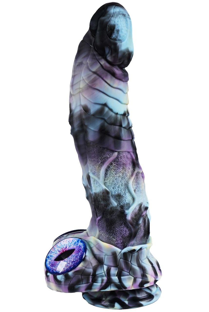 XX-DREAMSTOYS Mutant No. 15 – mehrfarbiger Fantasy-Dildo mit organisch geformtem Schaft, ausgeprägten Oberflächenstrukturen, abgerundeter Spitze und breitem Saugnapf in schräger Produktansicht, marmoriert in Blau, Violett, Türkis und Schwarz – erhältlich bei Evoria Care