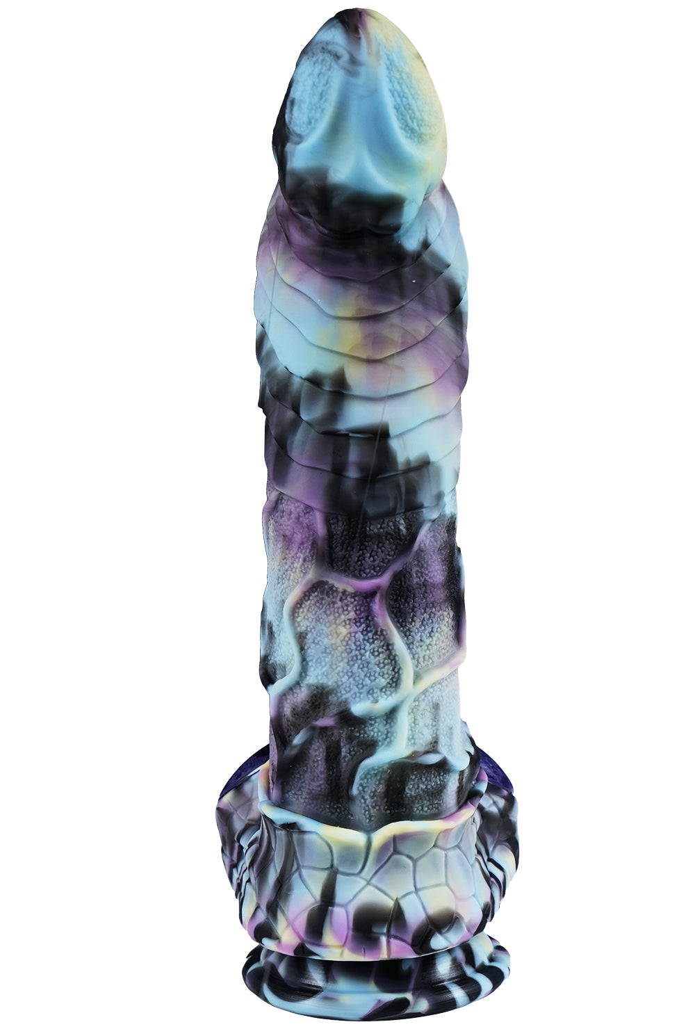 XX-DREAMSTOYS Mutant No. 15 – Rückansicht des mehrfarbigen Fantasy-Dildos mit länglichem, unregelmäßig strukturiertem Schaft, türkisblauen und violetten Farbakzenten sowie breitem Saugnapf – erhältlich bei Evoria Care
