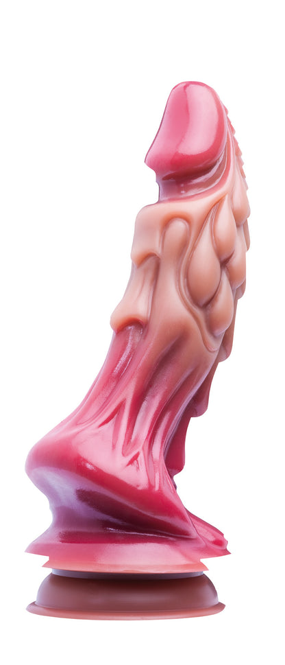 XX-DREAMSTOYS Mutant No. 2 – rosafarbener Fantasy-Dildo mit ausgeprägten wellenförmigen Verdickungen, anatomisch gestalteter Spitze und verbreiterter Saugnapfbasis in seitlicher Gegenansicht auf weißem Hintergrund – erhältlich bei Evoria Care
