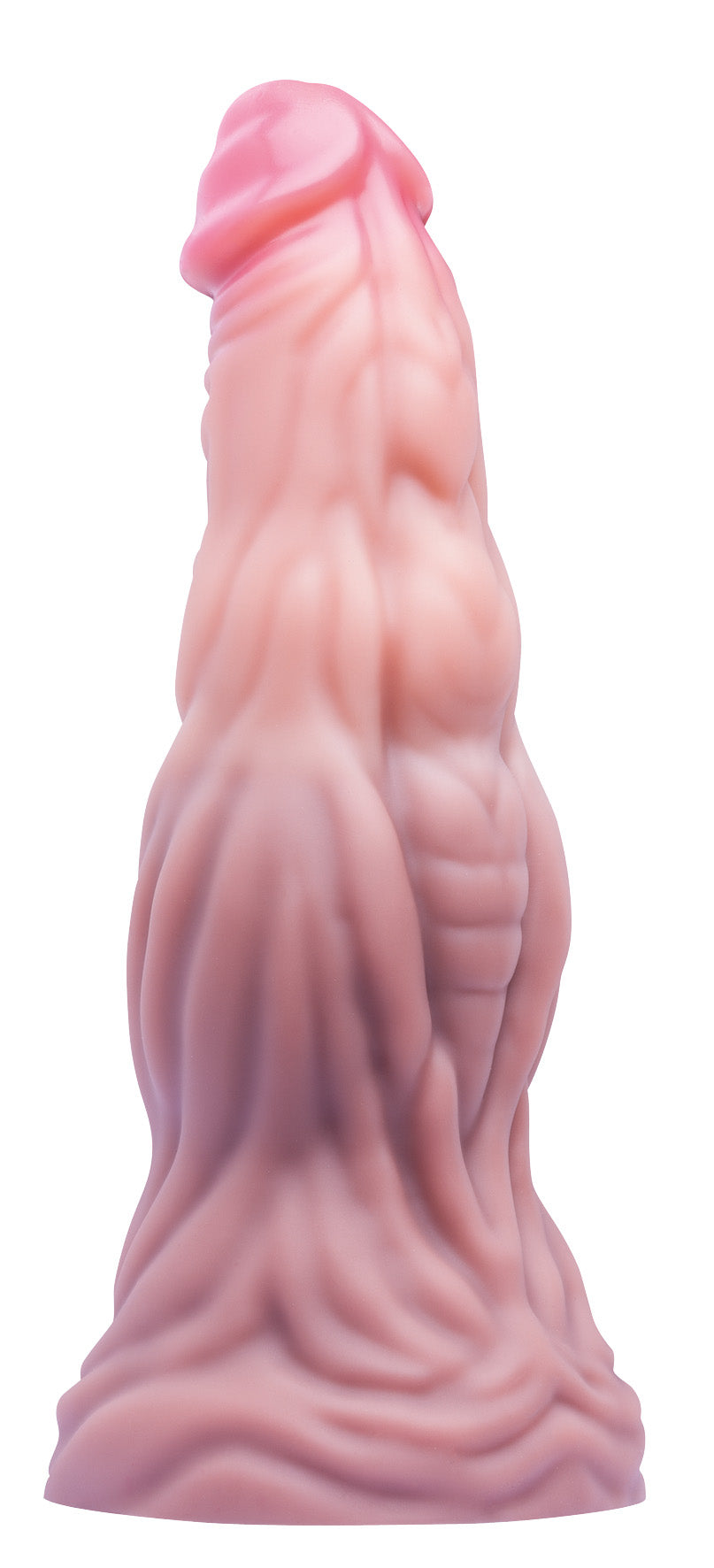 XX-DREAMSTOYS Mutant No. 4 – rosafarbener Fantasy-Dildo mit ausgeprägten symmetrischen Reliefstrukturen entlang des Schafts, abgerundeter Spitze und verbreiterter strukturierter Basis in aufrechter Produktansicht – erhältlich bei Evoria Care