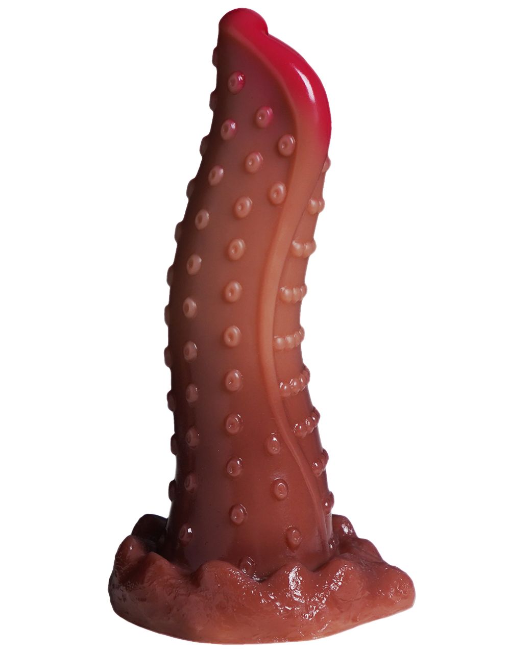 XX-DREAMSTOYS Mutant No. 7 – braun-roter Fantasy-Dildo mit stark gebogenem Silikonschaft, zahlreichen erhabenen Noppen, markanter roter Spitze und breiter anatomisch geformter Basis in schräger Produktansicht auf weißem Hintergrund – erhältlich bei Evoria Care