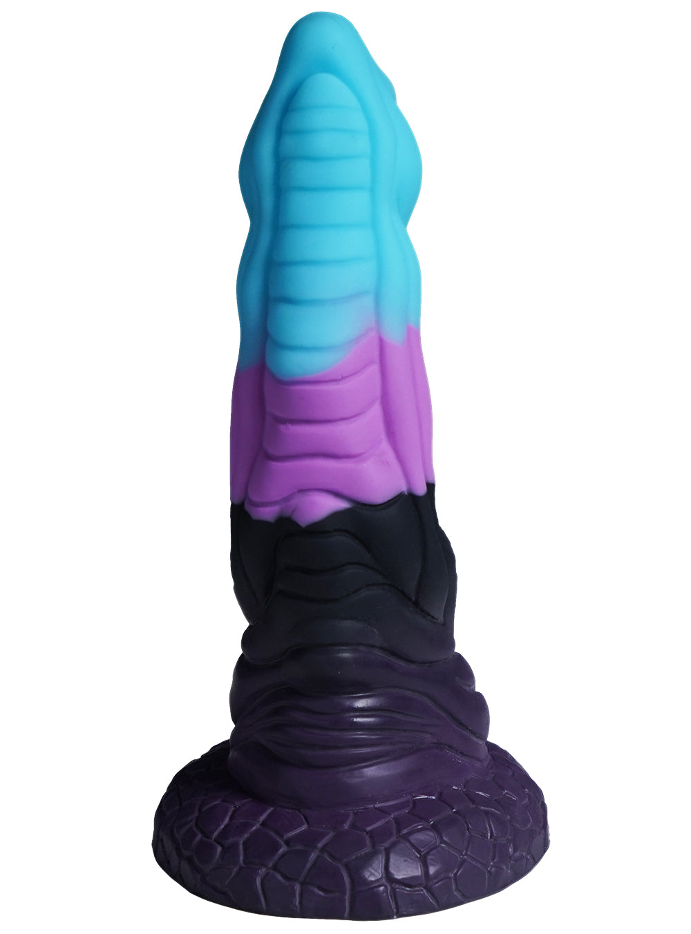 XX-DREAMSTOYS Mutant No. 9 – aufrecht stehender Fantasy-Dildo mit türkisfarbener Spitze, violettem Mittelbereich, schwarzem geschwungenem Schaft und breiter dunkelvioletter Basis in frontaler Produktansicht auf weißem Hintergrund – erhältlich bei Evoria Care