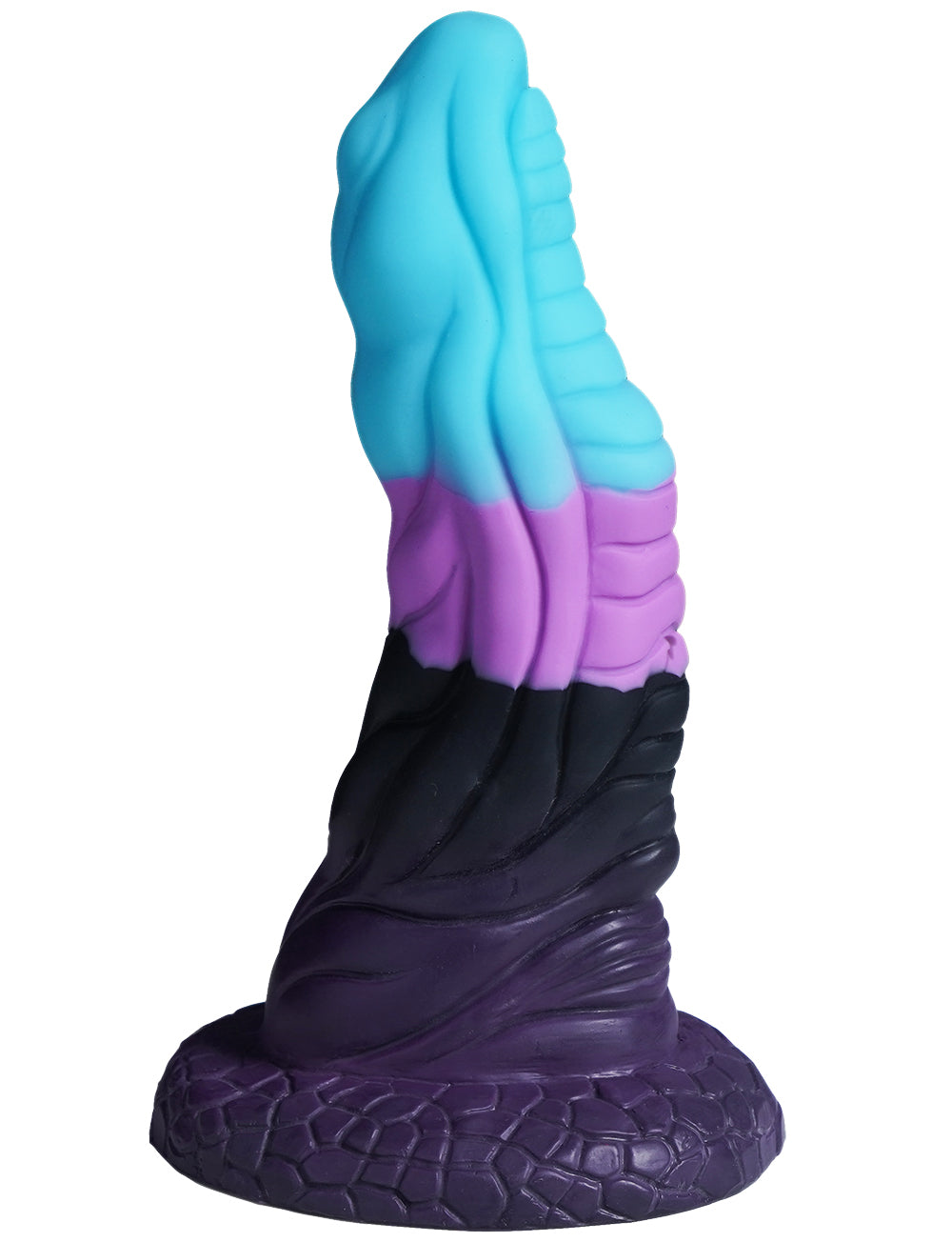 XX-DREAMSTOYS Mutant No. 9 – seitliche Ansicht des Fantasy-Dildos mit länglicher türkisfarbener Spitze, ausgeprägten lilafarbenen Wellenstrukturen und dunkelviolettem unteren Schaft mit verbreiterter Basis – erhältlich bei Evoria Care