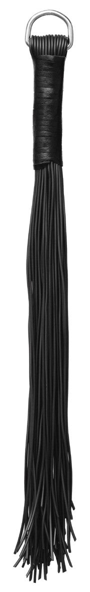 XX-DREAMSTOYS Peitsche – schwarze Lederpeitsche mit langem Ledergriff, 42 schmalen schwarzen Riemen und silberfarbenem Abschluss in einzelner Produktansicht – erhältlich bei Evoria Care