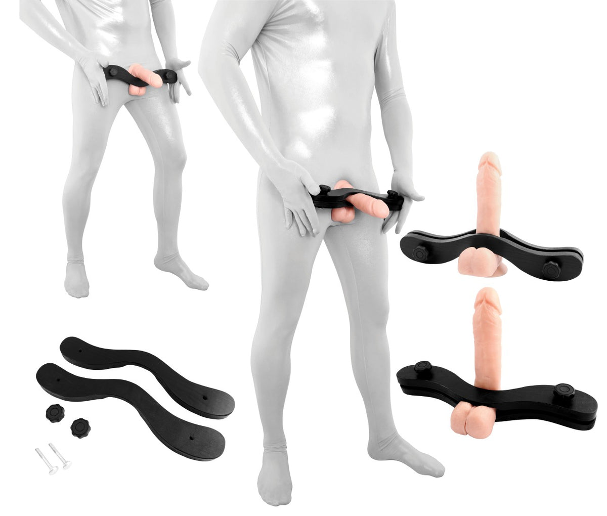 XX-DREAMSTOYS Penis-Hoden-Pranger – kombinierte Produkt- und Anwendungsübersicht des schwarzen Prangers aus massivem Holz mit Befestigungselementen – erhältlich bei Evoria Care