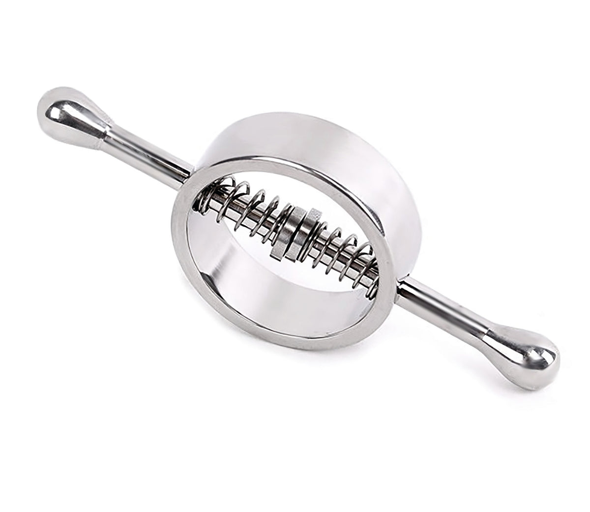 XX-DREAMSTOYS Spring Loaded – einzelne silberfarbene Nippel- und Hodenklemme mit rundem Metallgehäuse, Federzug und seitlichen Metallstiften – erhältlich bei Evoria Care
