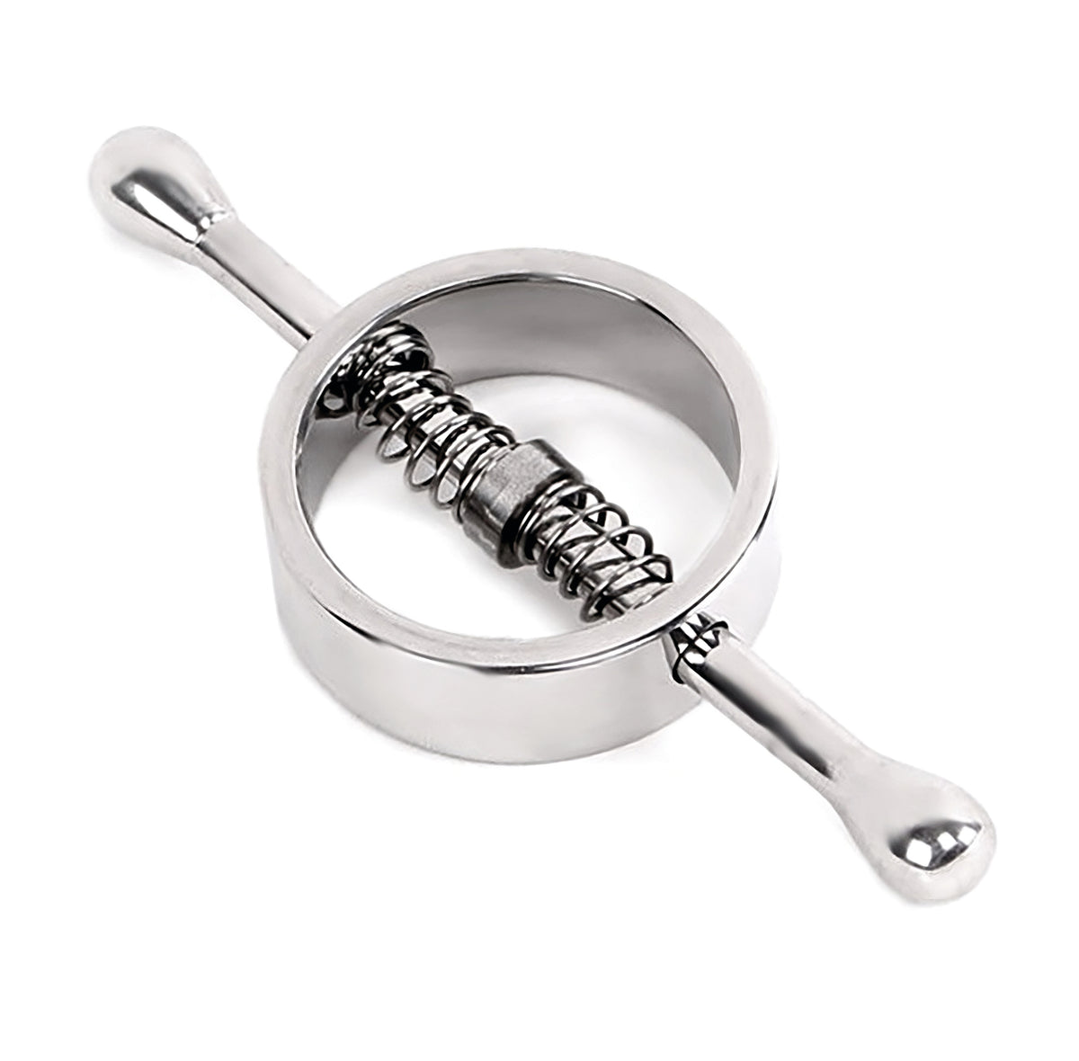 XX-DREAMSTOYS Spring Loaded – weitere Detailansicht der silberfarbenen Metallklemme mit kugelförmigem Federmechanismus und seitlichen Zugstiften – erhältlich bei Evoria Care