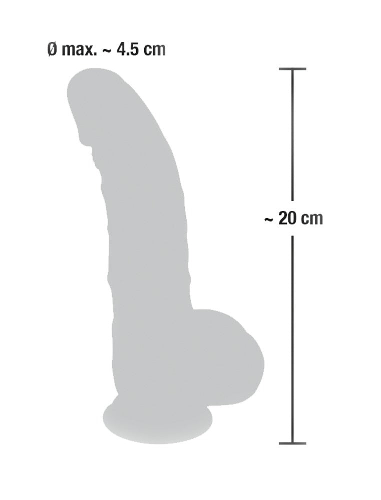 You2Toys Medical Silicone Dildo – Maßgrafik mit Abmessungen und schematischer Seitenansicht des leicht gebogenen Dildos mit Saugfuß – erhältlich bei Evoria Care