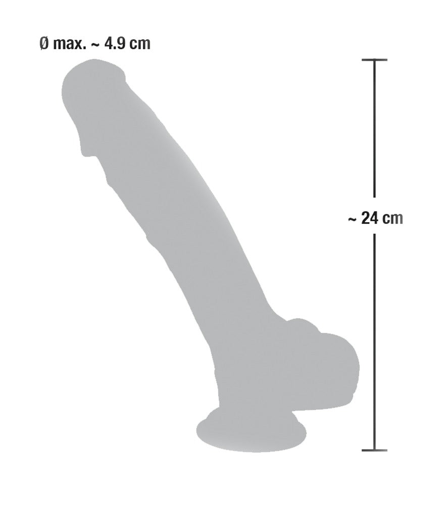 You2Toys Medical Silicone Realistic Dildo – Maßgrafik mit schematischer Seitenansicht und Abmessungen des Produkts mit Saugfuß – erhältlich bei Evoria Care