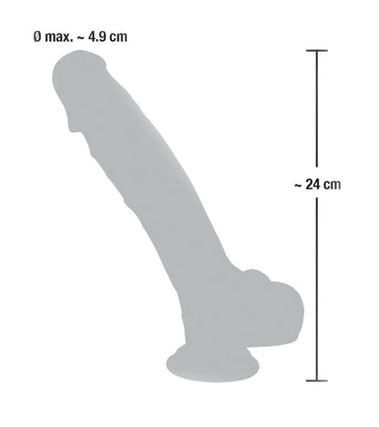 You2Toys Medical Silicone Realistic Dildo – Maßgrafik mit schematischer Seitenansicht und Abmessungen des Produkts mit Saugfuß – erhältlich bei Evoria Care