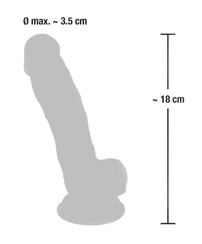You2Toys Medical Silicone Realistic Dildo – Maßgrafik mit Abmessungen und schematischer Seitenansicht des Produkts mit Saugfuß – erhältlich bei Evoria Care