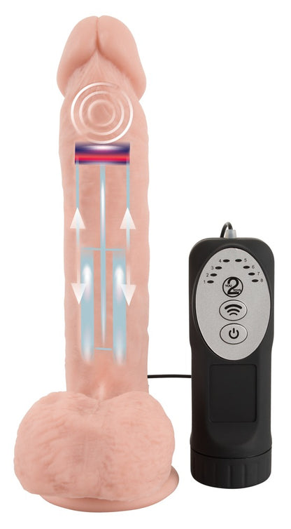 You2Toys Medical Silicone Thrusting Vibrator in Hautfarbe – aufrechte Produktansicht mit Saugfuß und separat dargestellter schwarzer Fernbedienung – erhältlich bei Evoria Care