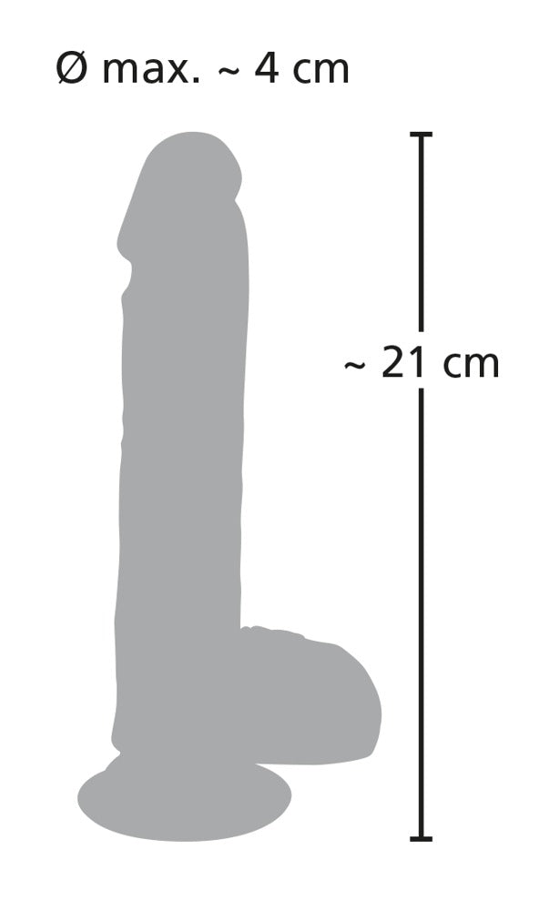 You2Toys Medical Silicone Thrusting Vibrator – Maßgrafik mit Abmessungen des realistisch geformten Vibrators und breitem Saugfuß – erhältlich bei Evoria Care