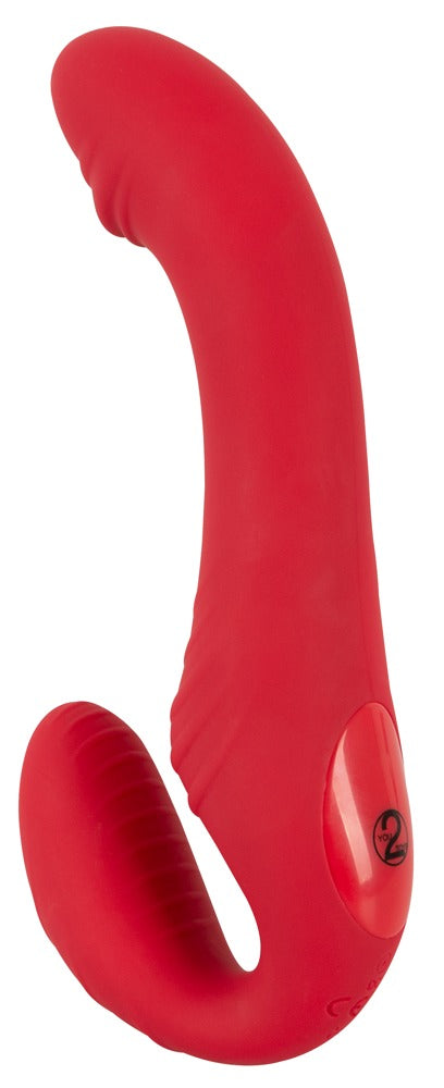 You2Toys RC Strapless Strap-On 3 in Rot – Seitenansicht mit geschwungenem Schaft und abgerundetem körpernahen Stimulationsbereich – erhältlich bei Evoria Care