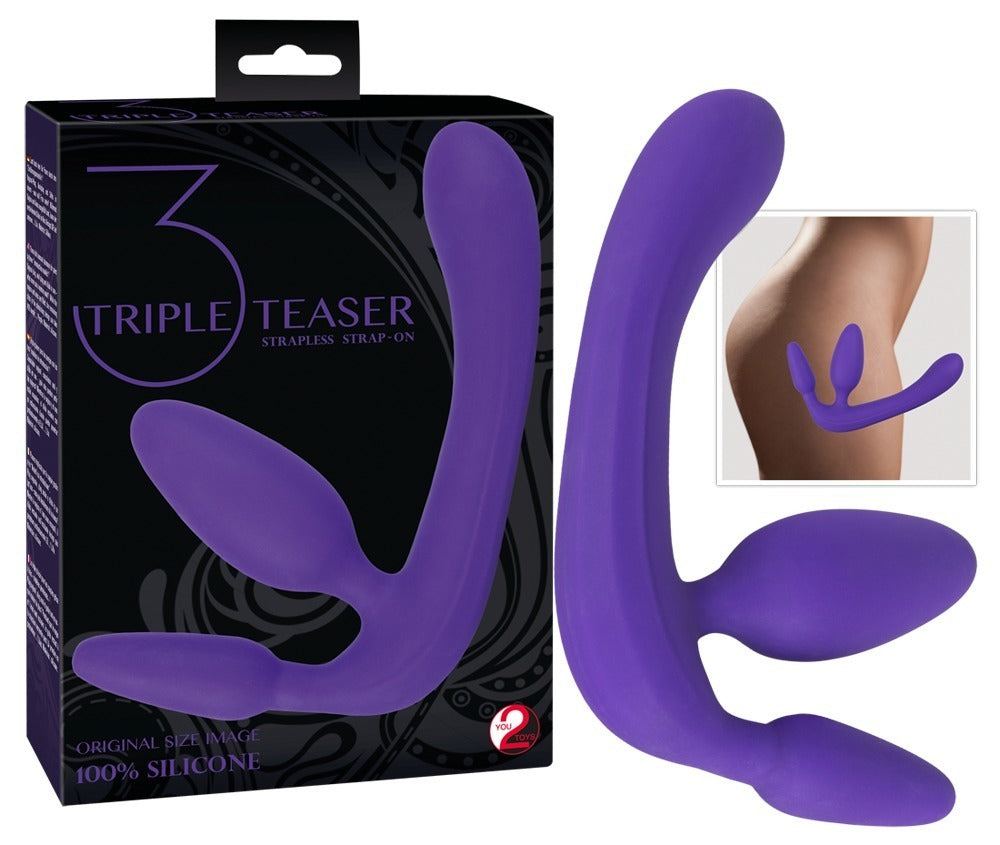 You2Toys Strapless Strap-On Triple Teaser in Lila – Produkt zusammen mit der schwarzen You2Toys Verpackung und Produktdarstellung – erhältlich bei Evoria Care