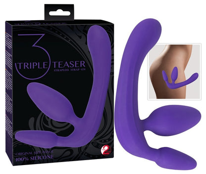 You2Toys Strapless Strap-On Triple Teaser in Lila – Produkt zusammen mit der schwarzen You2Toys Verpackung und Produktdarstellung – erhältlich bei Evoria Care