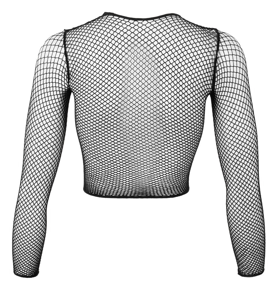 Rückansicht des schwarzen Fantasy by Cottelli Damen-Netz-Shirts mit transparenter Netzstruktur und ¾-Ärmeln