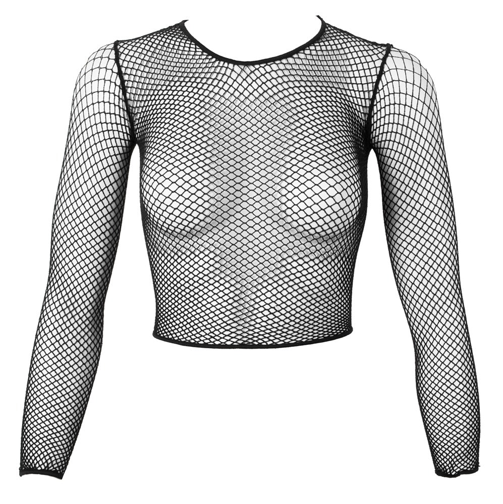 Vorderansicht des schwarzen Fantasy by Cottelli Netz-Shirts für Damen mit transparenter Netzstruktur und ¾-Ärmeln