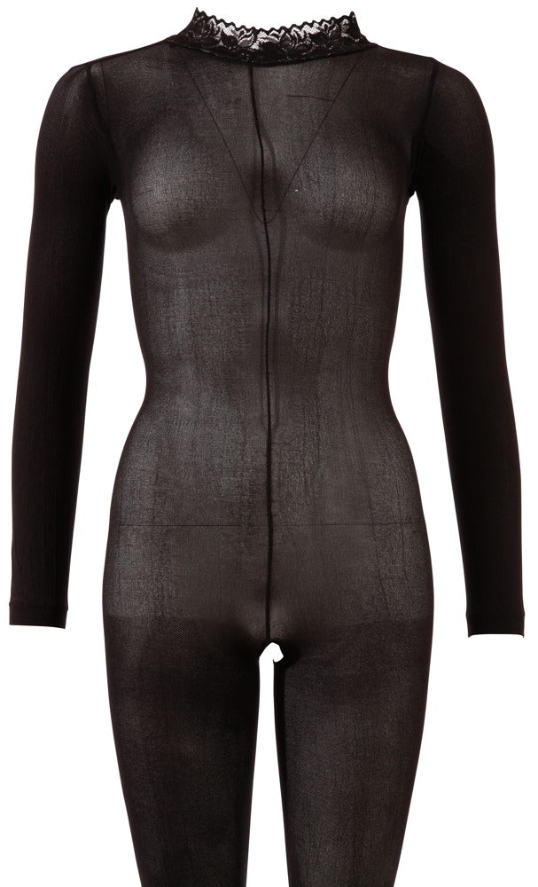 Vorderansicht des Fantasy by Cottelli Langarm-Catsuits Ouvert aus transparentem Strumpfmaterial