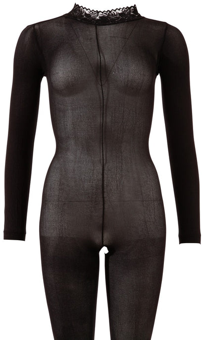 Vorderansicht des Fantasy by Cottelli Langarm-Catsuits Ouvert aus transparentem Strumpfmaterial