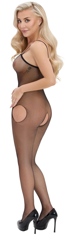 Model trägt den Fantasy by Cottelli Netz-Catsuit mit offenen Hüftpartien und integriertem Fuß von hinten