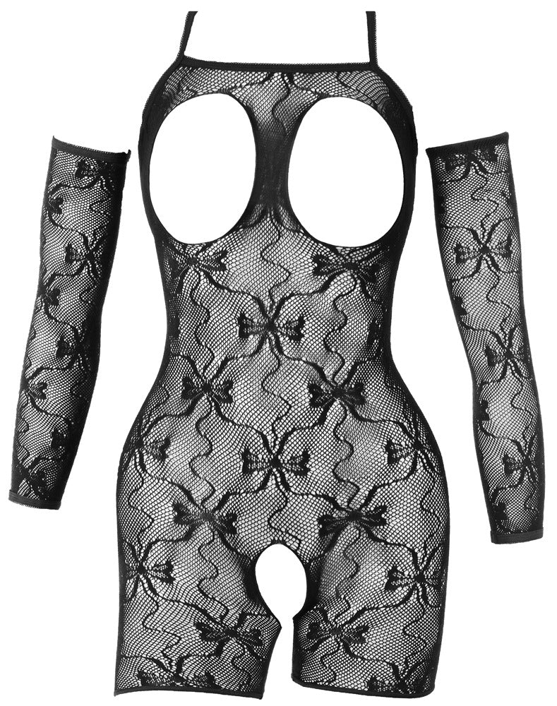 Vorderansicht des Fantasy by Cottelli Ouvert-Catsuits mit Brust-Cut-outs, kurzem Bein und Armstulpen