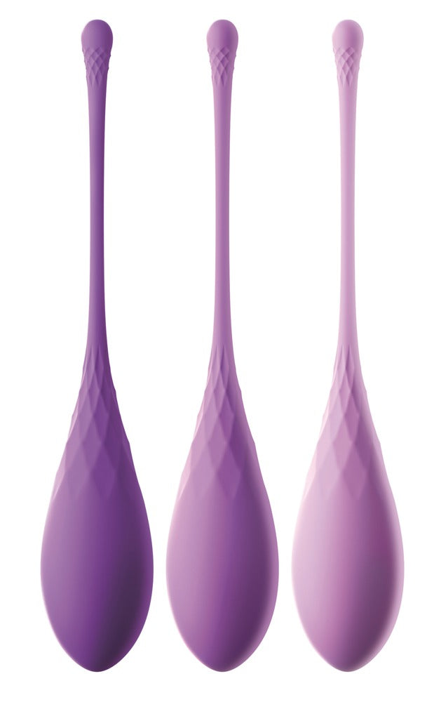 Fantasy For Her Kegel Train-Her Set mit drei tropfenförmigen Beckenbodentrainern in unterschiedlichen Lila- und Rosatönen