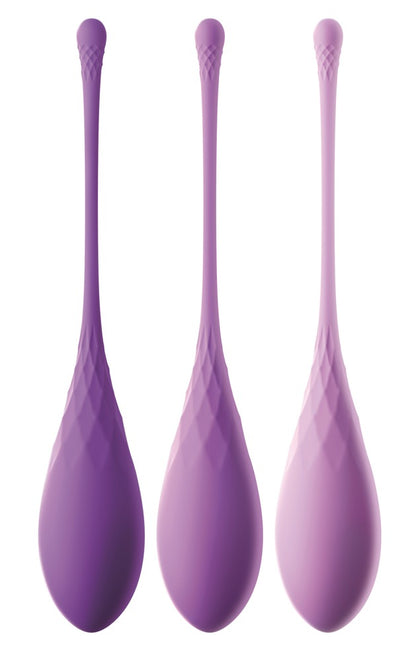 Fantasy For Her Kegel Train-Her Set mit drei tropfenförmigen Beckenbodentrainern in unterschiedlichen Lila- und Rosatönen