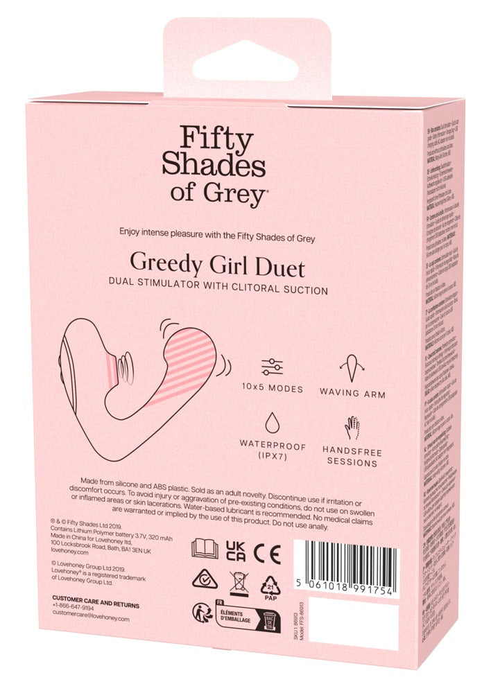 Verpackung des Greedy Girl Duet Dual Stimulators Rückseite mit Funktionsübersicht