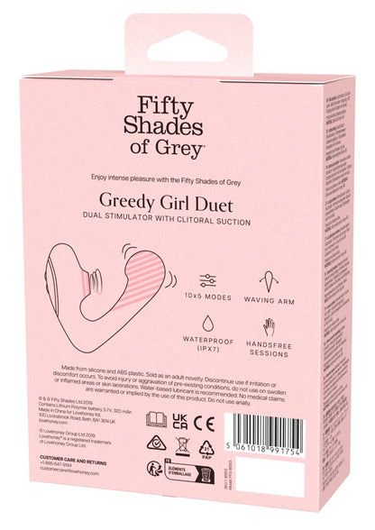Verpackung des Greedy Girl Duet Dual Stimulators Rückseite mit Funktionsübersicht