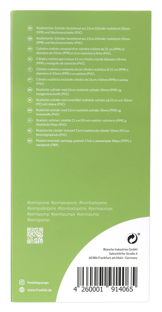 Originalverpackung des FRÖHLE SP008 Premium-Peniszylinders mit Produktinformationen auf der Rückseite