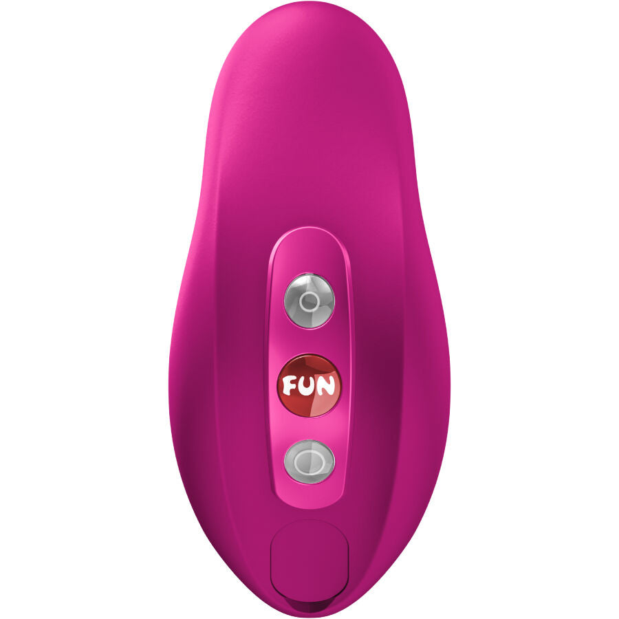 Fun Factory Allure Air-Pulse-Vibrator in Pink in Rückansicht mit Bedienknöpfen, ergonomischem Griffbereich und kompakter Silhouette