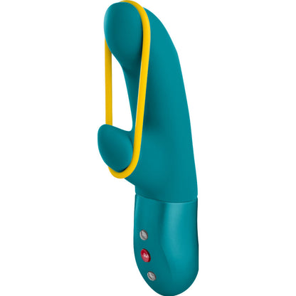 FUN FACTORY AMORINO Rabbit-Vibrator in Petrol und Gelb mit äußerem Stimulationsarm in der Seitenansicht